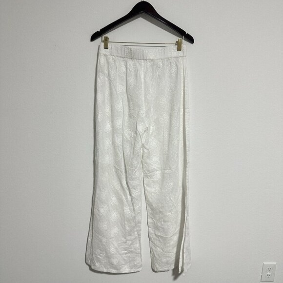 Hermoza Wide Leg Pants White Floral Elastic Waist Size Large Flowy Beach Slit - Picture 2 of 7